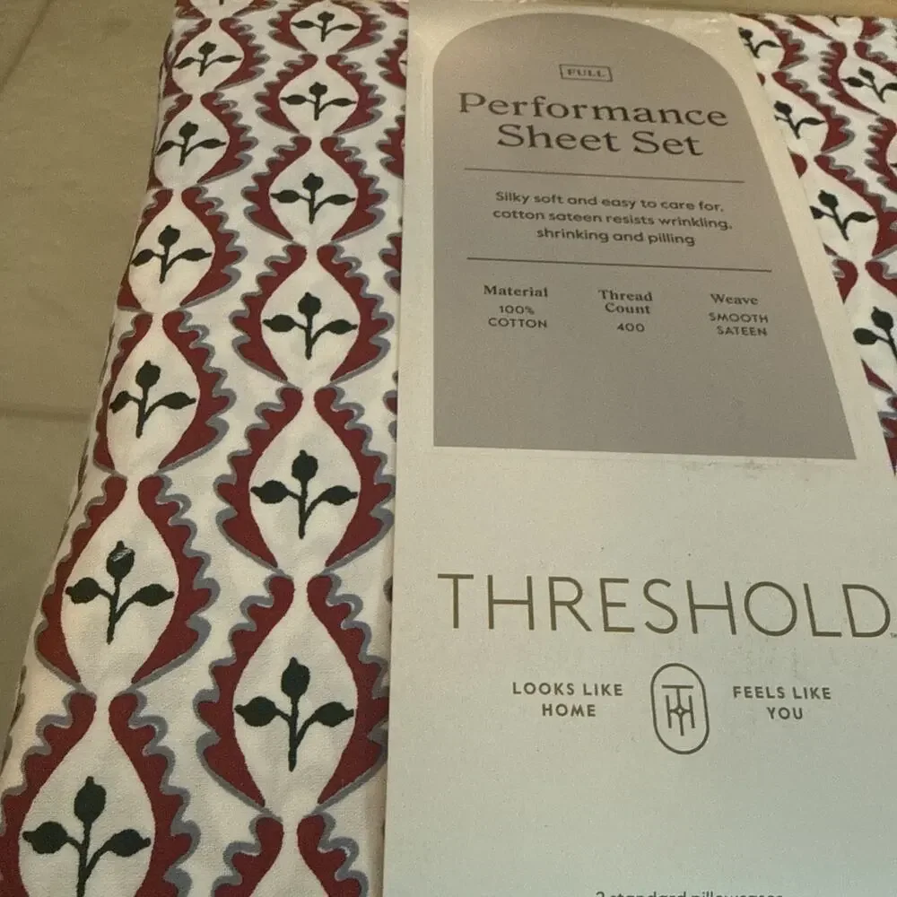 NEW Threshold Full 400 Thread Count Cotton Holiday Woodblock Leaf Sheet Set